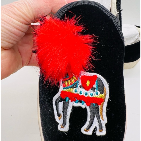 NWT Soludos Velvet Show Pony Sneaker Black and Red Pom Poms Size 5.5 - Picture 3 of 15